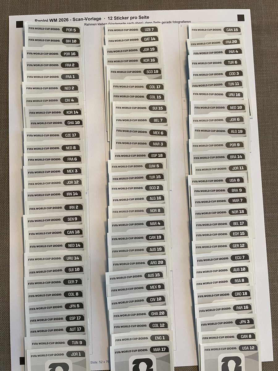 Beispiel: viele Sticker fächerartig in 3 Spalten, alle Code-Ecken sichtbar